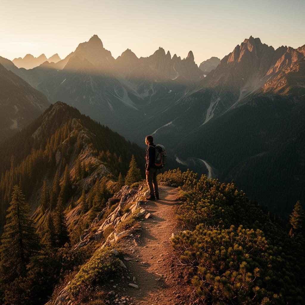 Hiker on a dramatic mountain ridge trail overlooking pine forests and peaks at golden hour