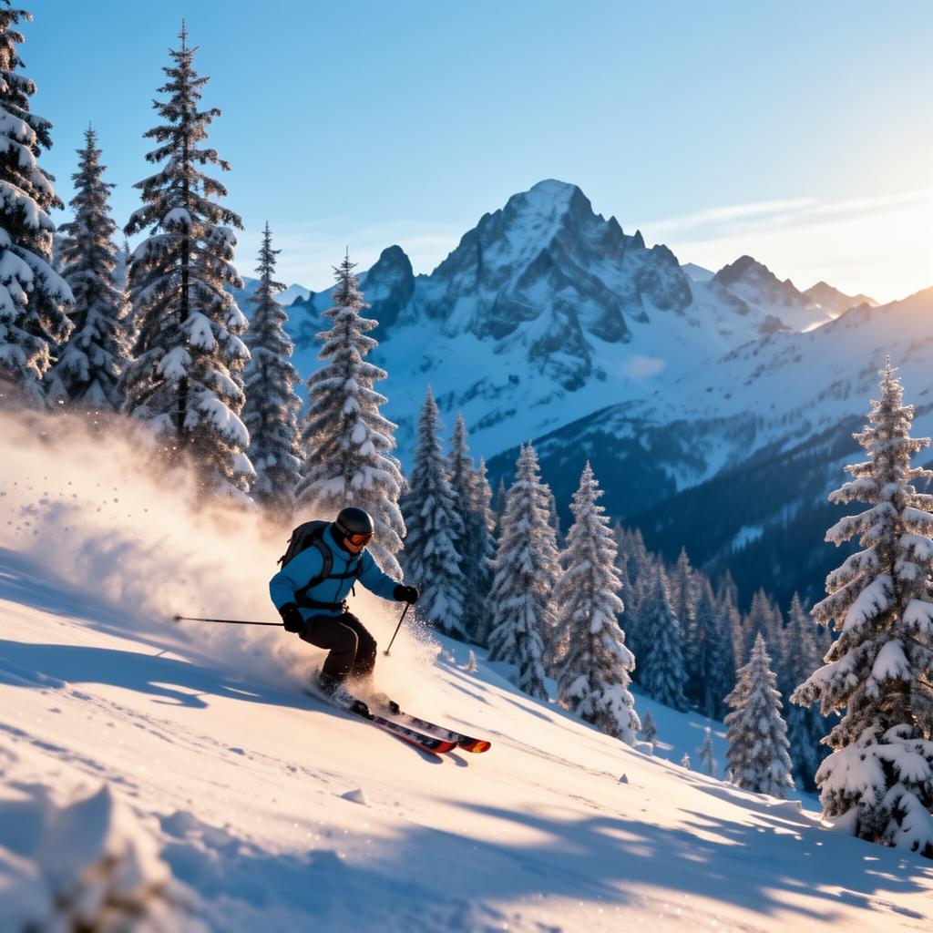 Skier carving down a pristine snowy slope surrounded by snow-covered pine trees and alpine peaks