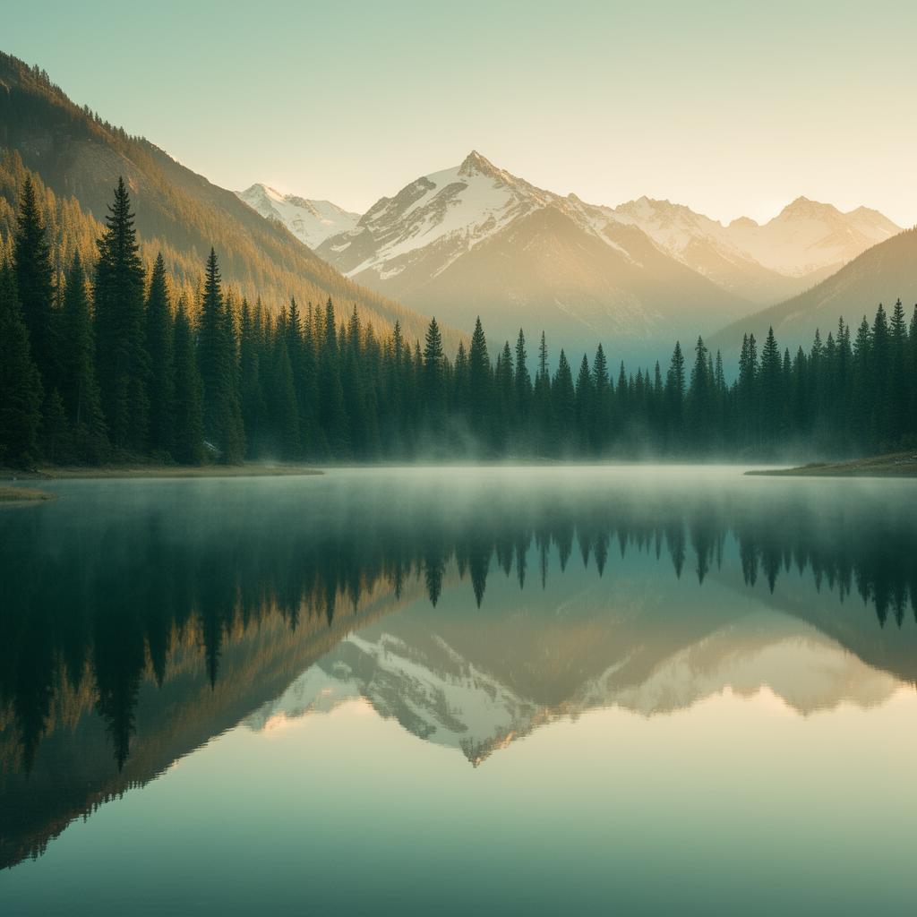 Serene untouched mountain lake at dawn with mirror reflection of pine forest and snow-capped peaks